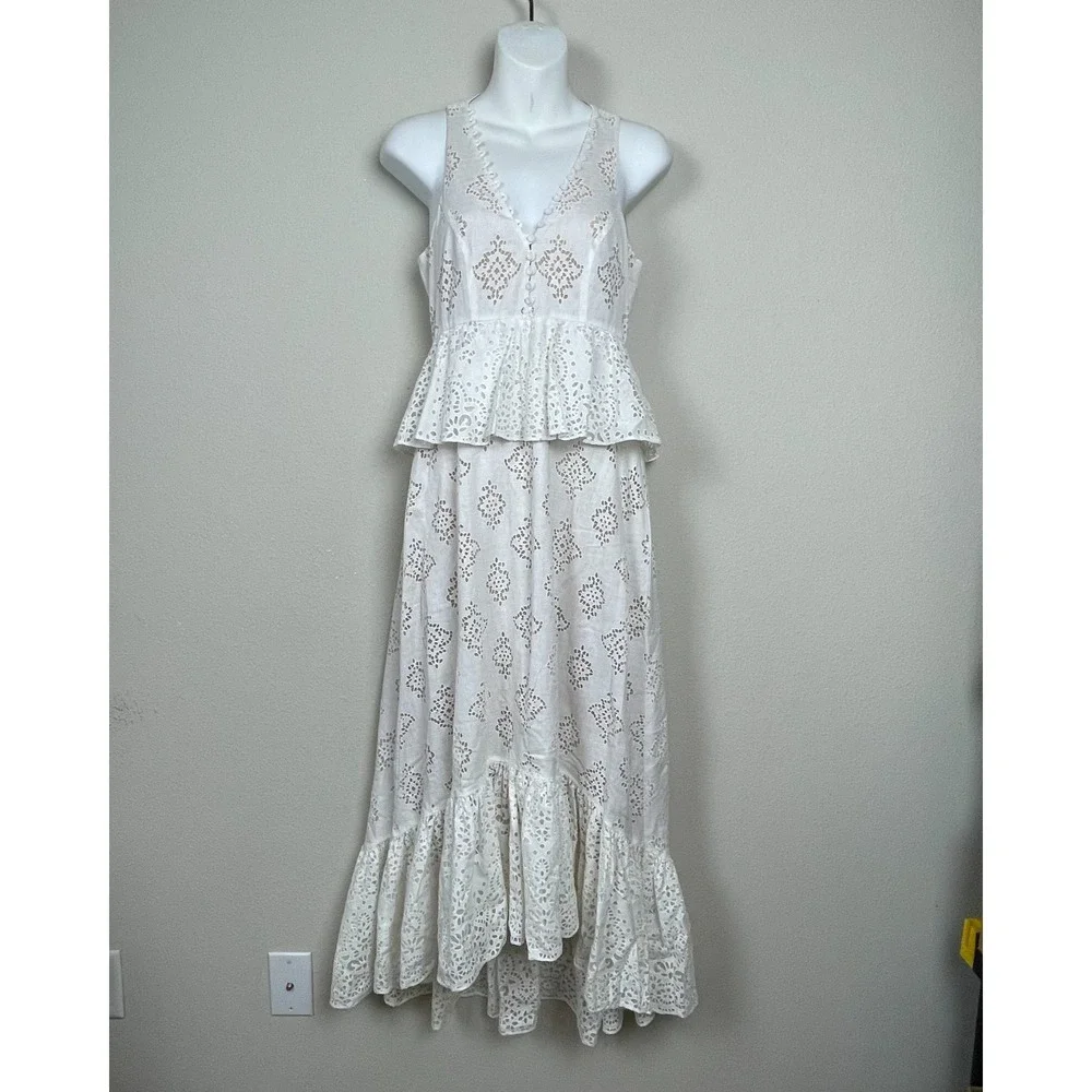 BCBG Max Azria XS Ivory Eyelet Peplum Maxi Dress Coquette Fairy Milkmaid BCBG Max Azria XS Ivory Eyelet Peplum Maxi Dress Coquette Fairy Milkmaid